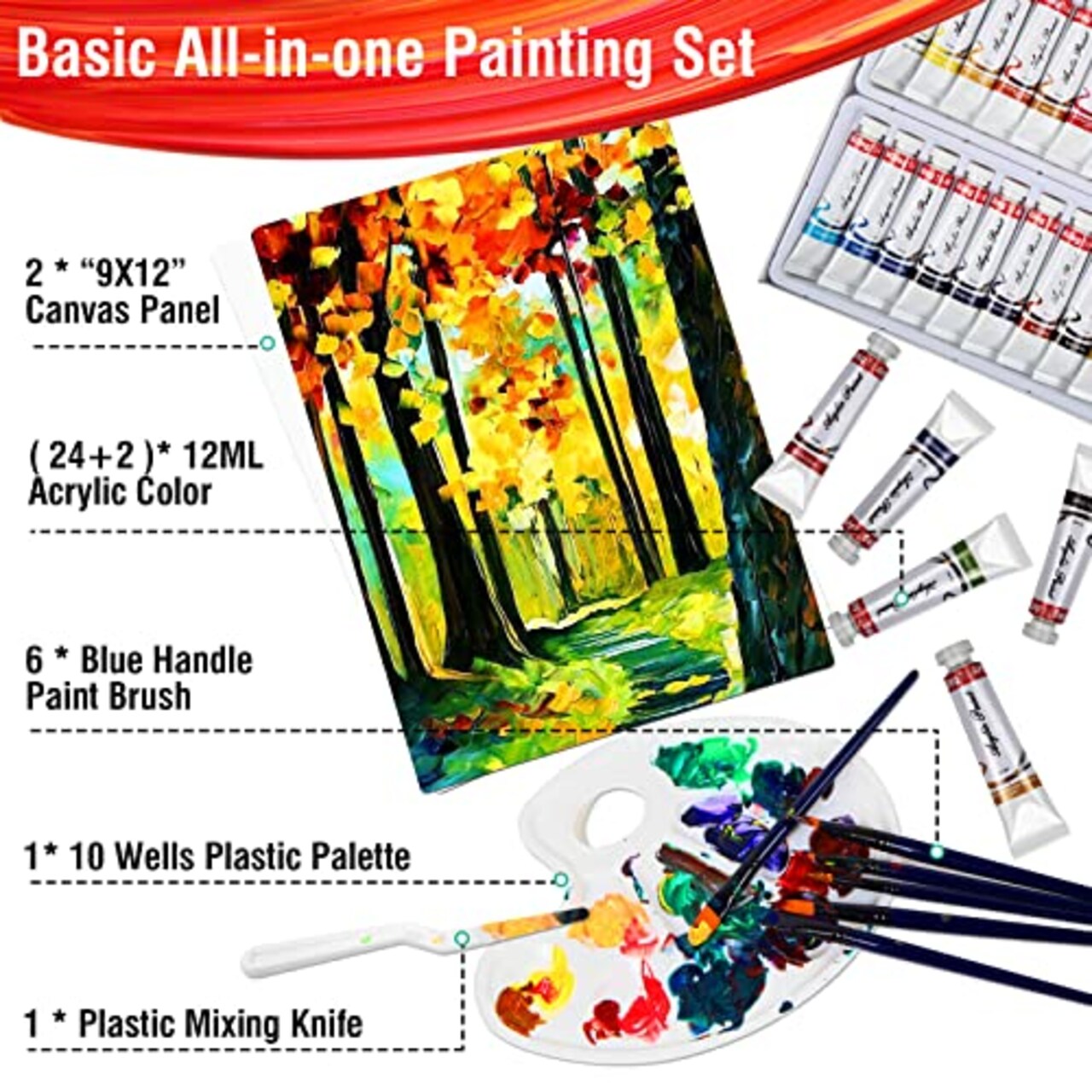 36 Pieces Acrylic Paint Set - Canvas Painting Kit with 26 Acrylic Paints, Nylon Brushes, Plastic Palette, Mixing Knife for Kids, Adults, Beginners, Hobbyists, Artists